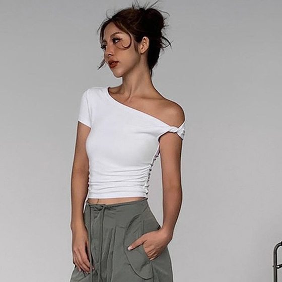European and American Fashion Simple Commuter Style Solid Color Asymmetrical Cropped Top Women's Clothing 2025 Summer Versatile New Cross-Border