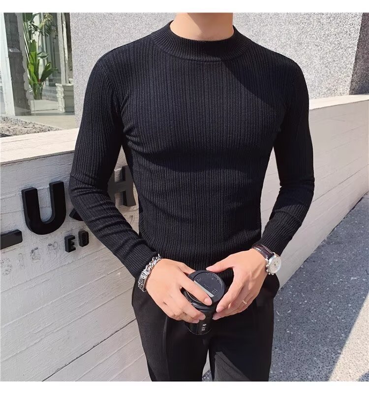 Men's British Style Slim Fit Turtleneck Sweater Korean Style Knitwear Casual Striped Base Layer Autumn New Versatile_viptrois.com