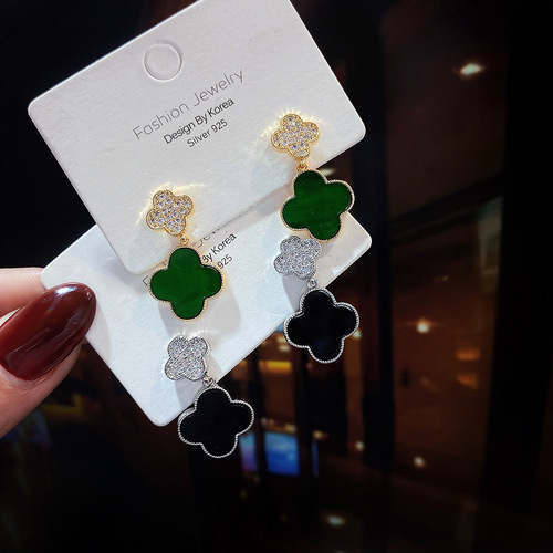 High-end light luxury style S925 silver needle earrings green black earrings fashion popular jewelry earrings for women 44074