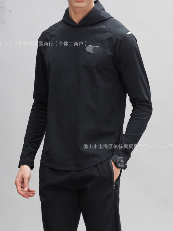 夏季男士冰丝速干长袖连帽T恤户外夜跑反光打底衫运动透气冰感|undefined