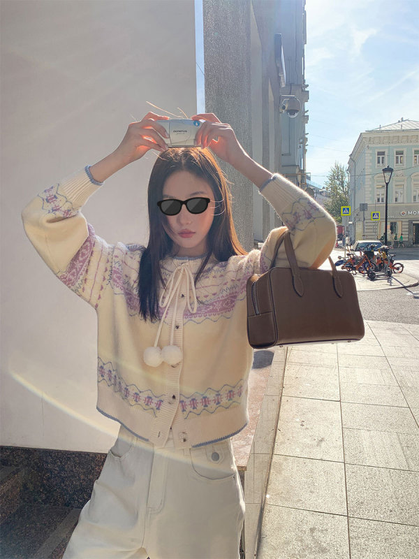 你好卡农 费尔岛毛球绑带针织开衫女秋2025新款宽松短款毛衣外套|undefined