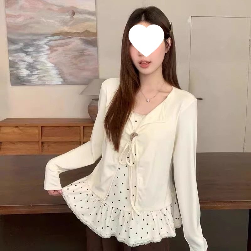 2026 Spring New Fashion Plus Size Women's T-Shirt with Sweet Lace Trim and Polka Dot Long Sleeve Faux Two-Piece Top