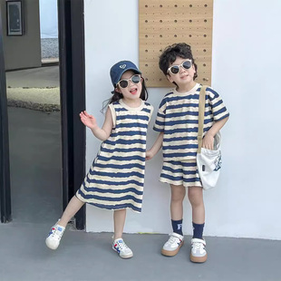 Boys and Girls Korean-style Summer Sportswear Blue Striped Academy-style dress Short-sleeved Shorts suit