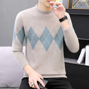 Autumn and Winter Sweater Men's Trendy Middle Collar Solid Color Jacquard Knitwear Thickened Trendy Men's Base Sweater Mink Fleece Sweater