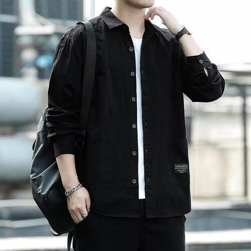 Men's wrinkle-resistant long-sleeve multi-pocket work shirt, men's shirt, loose top, Korean-style versatile fashion