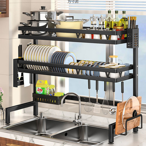 Kitchen water storage rack for countertops, dish and plate organizer—perfect for placing bowls and dishes above the sink or on the vegetable basin; also serves as a convenient draining and stacking solution.