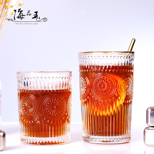 欧式复古太阳花玻璃杯子透明ins早餐杯创意浮雕金边果汁杯牛奶杯
