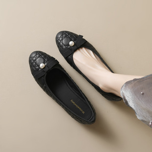 Weiwei Girl 2023-B3 Black Commuter Flat Shoes Shallow Mouth Chanel Style Soft Bottom Bow Shoes Women's Round Head