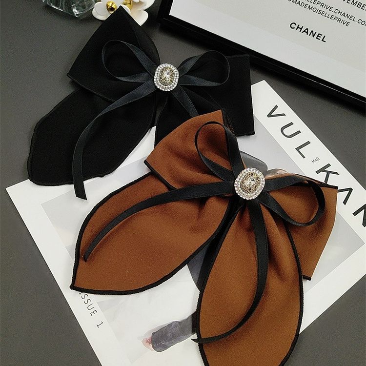 South Korea new big bow headdress gem hairpin brown velvet ponytail top clip back head half tie spring clip