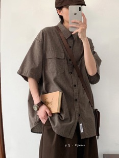 日系复古工装衬衫男女百搭宽松古着学院风休闲学生短袖衬衣外套潮-阿里巴巴