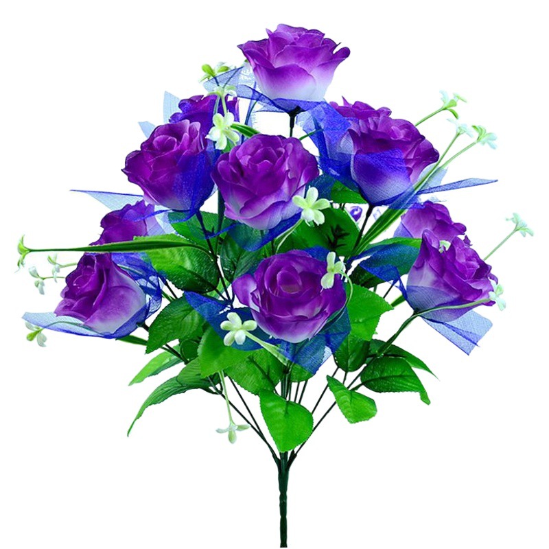 Fabricante de flores artificiales, venta al por mayor de rosas artificiales con doce cabezas, hierba estrella con gasa, rosas pavo real, flores de seda, ramos de flores artificiales.