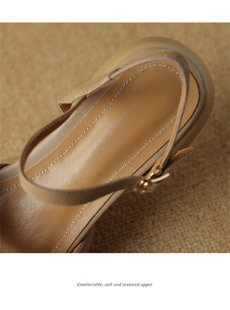 Sandal hở ngón da cừu gót thô đế dày quai ngang kiểu La Mã rỗng — Màu trắng be chi tiết 15