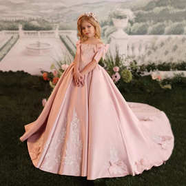跨境欧美外贸货源女童花童礼服拖尾生日钢琴走秀演出长裙ML1269