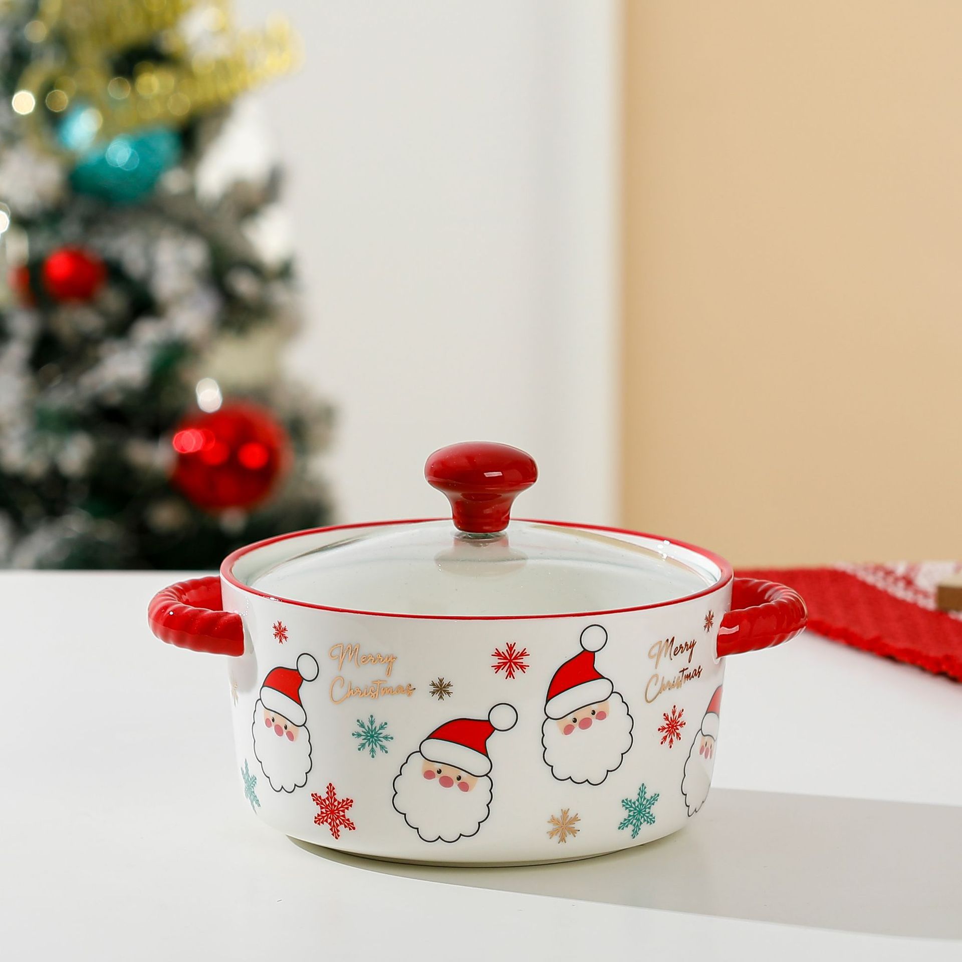 Cuenco de fideos instantáneos de cerámica con tapa de Navidad