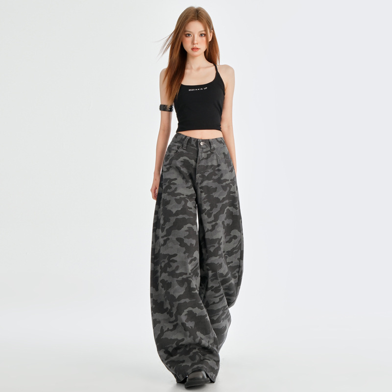American Street Camouflage Jeans Women's 2025 New Loose Wide Leg Fashion Trend Lazy Style Lengthy Pants