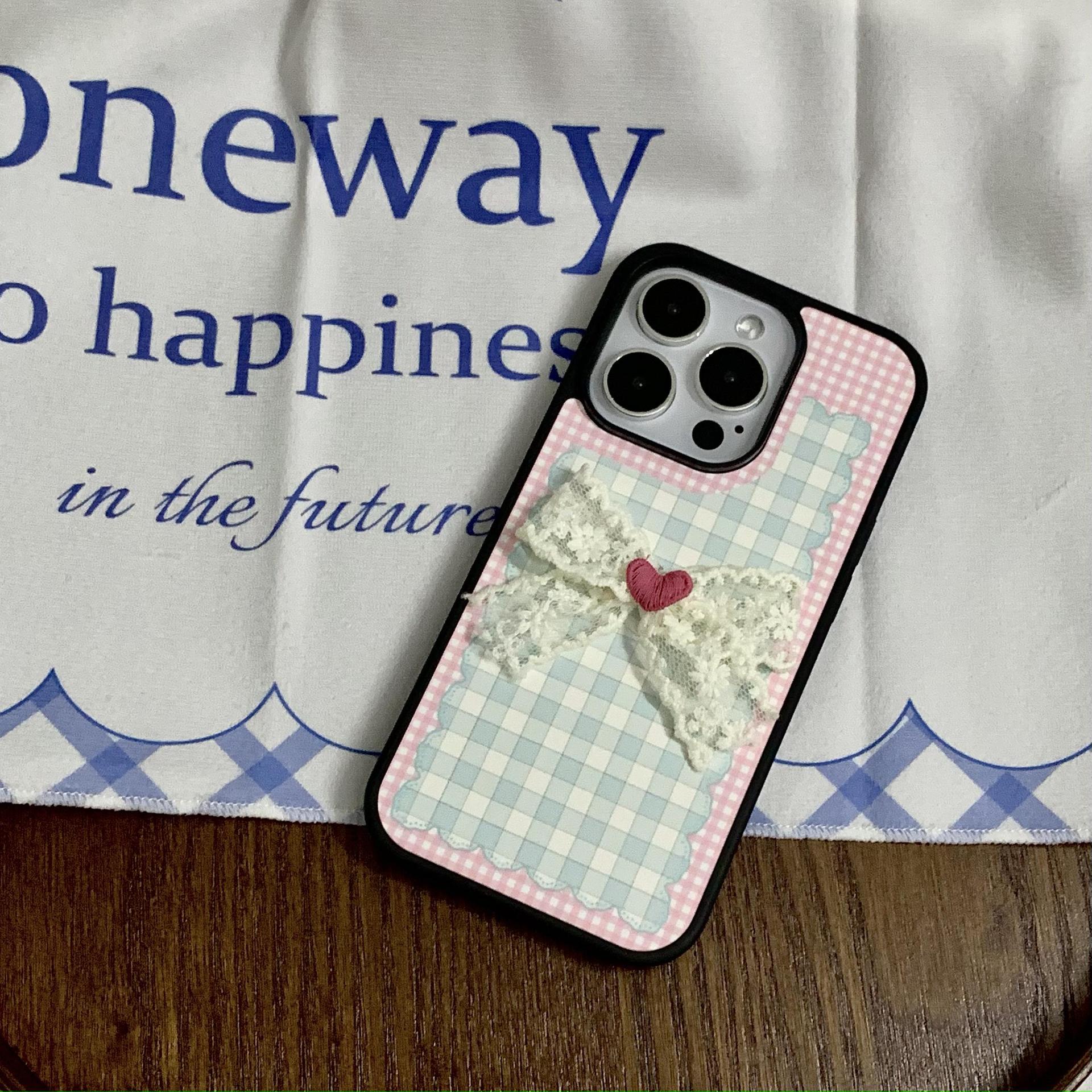 Pink girl corazón plaid lazo para Apple 16Pro pareja 15ProMax soporte 14/13 nuevo 16PM