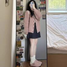 入秋韩系穿搭粉色毛衣外套女2025新款慵懒风针织开衫早秋chic上衣