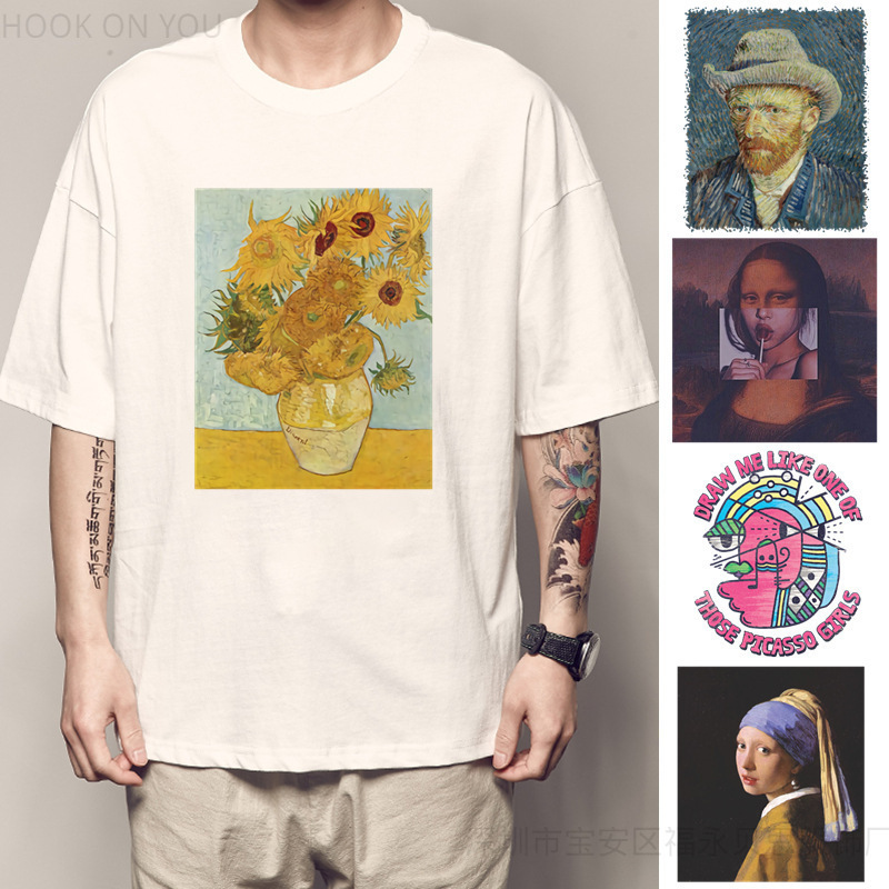 Van Gogh T-Shirt Picasso Short Sleeve Mona Lisa Clothes Oil Painting Sunflower Pattern Print