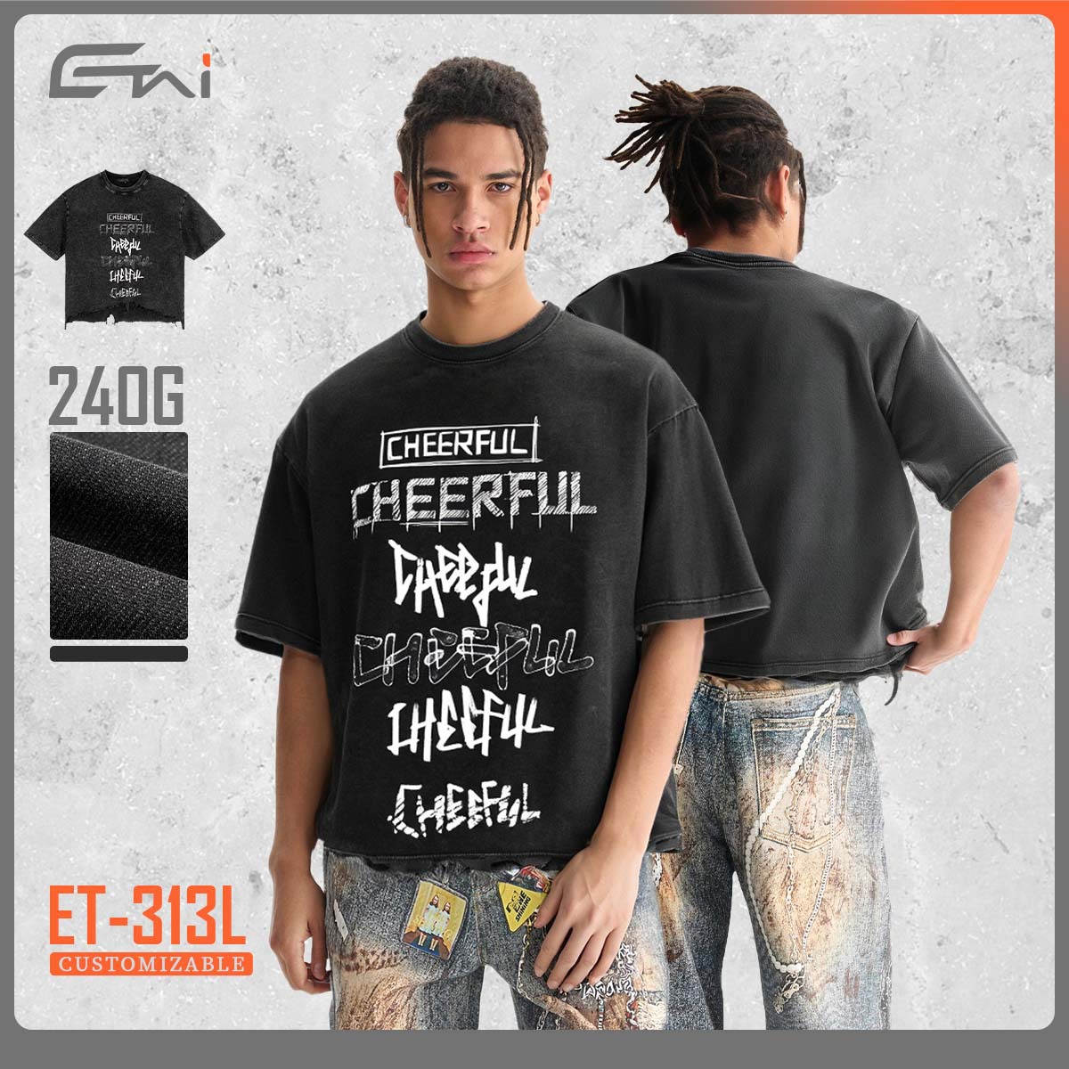 ETAI Hombre| Marca de marea retro de la calle de marea hombre impresión corta camiseta ancha de alta calidad lavado con agua pesada algodón de manga corta image 1