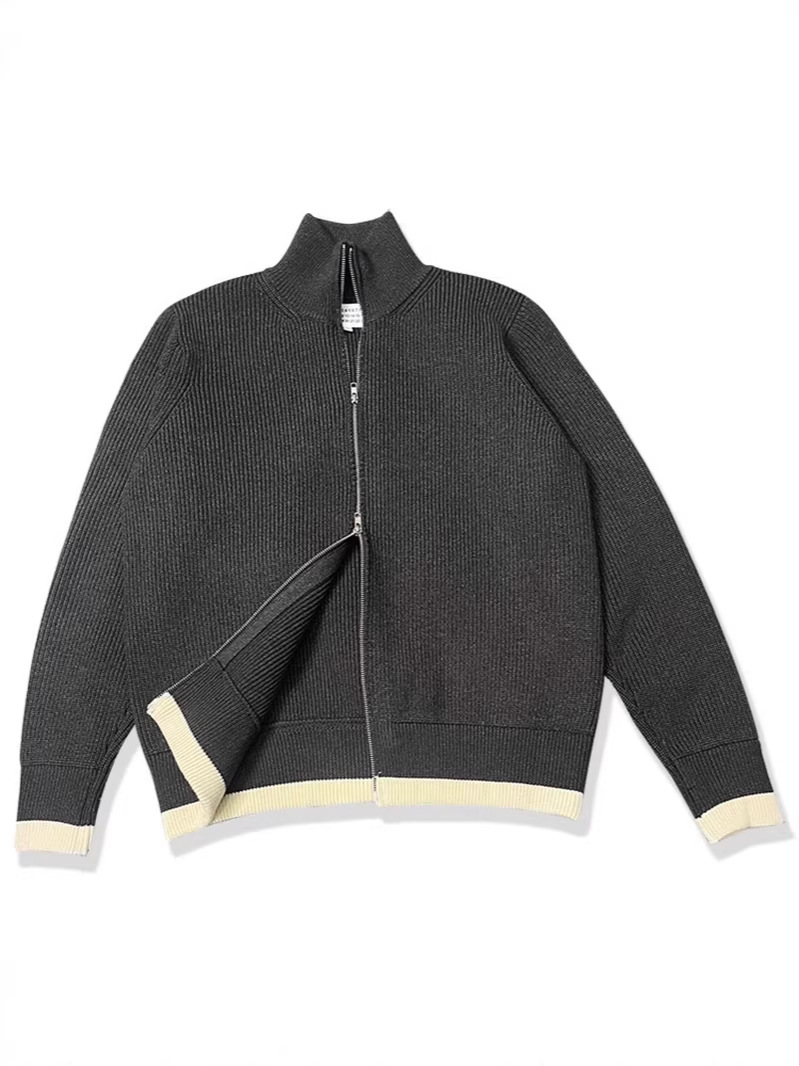In-Stock Heavyweight High-Neck Zip-Up Cardigan Sweater Warm Coat Mm6 Knitwear with Color-Block Stripes