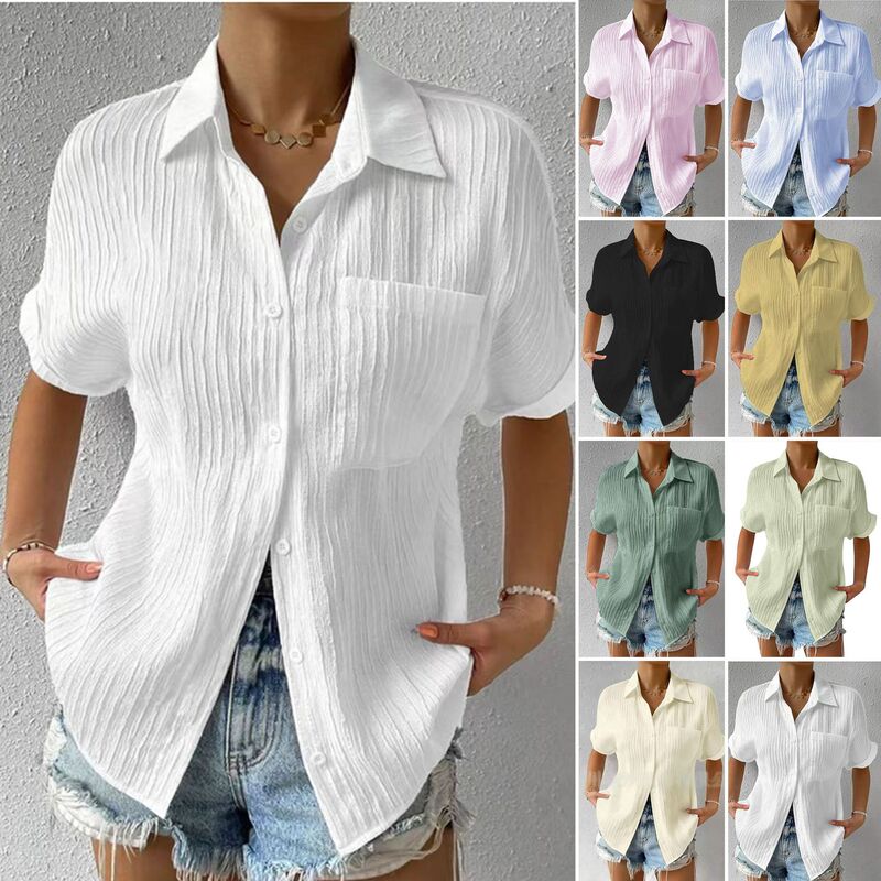 2026 Cardigan with Patchwork Pockets, Short-Sleeve, Solid Color, Stylish Casual Turn-Down Collar, Raglan Sleeve Shirt, Short-Sleeve Women's Clothing