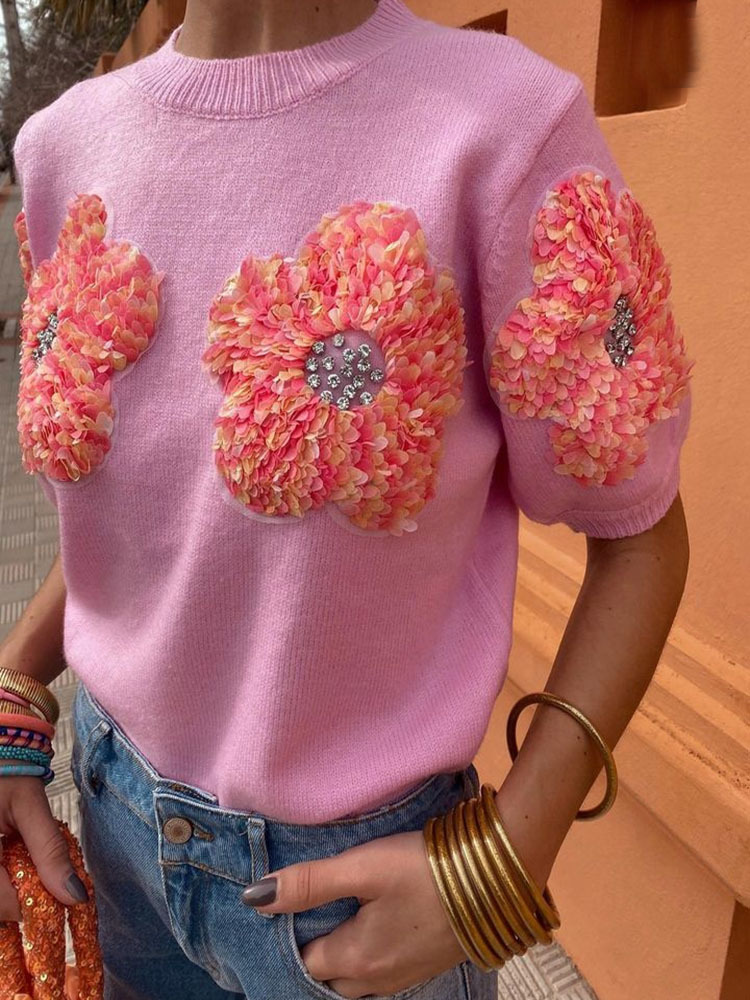 Women's T-shirt Short Sleeve Sweaters & Cardigans Contrast Binding Vacation Flower display picture 20