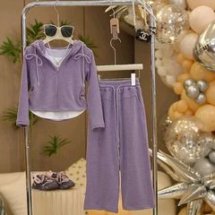 女の子の日常のワイドレギンスの秋の服の中で大きい子供の韓系は秋の新型の純色の偽の2つの衛衣の2つのセットになります。