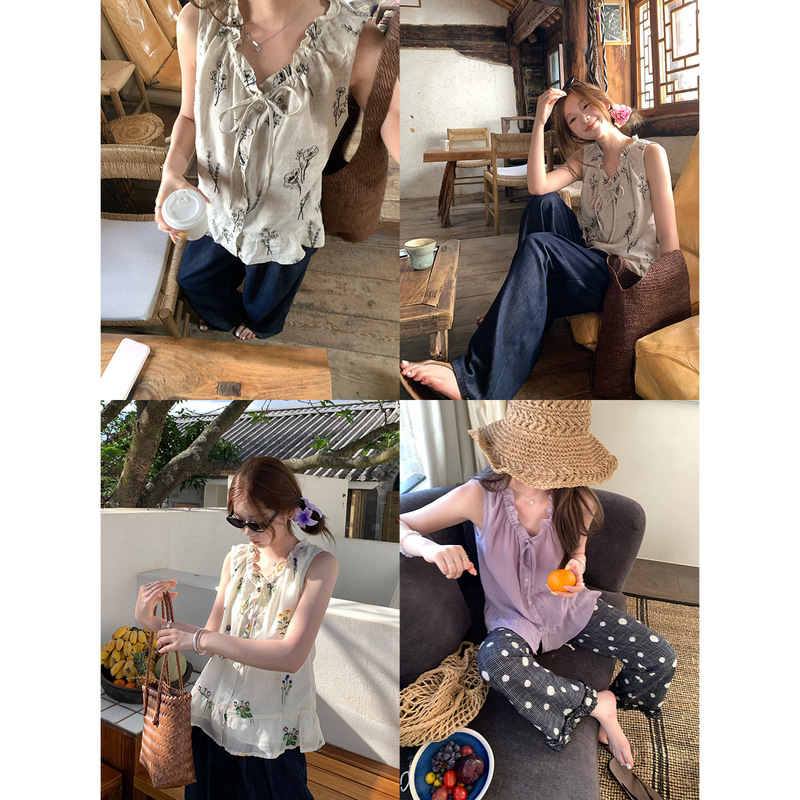 Im Style Songli Tea Language Ramie Lace Trim Embroidered V-Neck Sleeveless Top for Women with Tie and Ruffled Loose Blouse