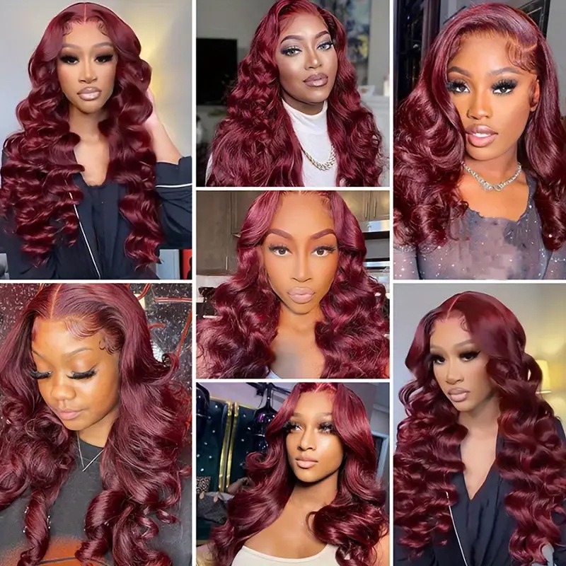 Pelucina de encaje frontal, pelucina de encaje frontal, pelucina de encaje para mujeres, gran onda de vino rojo, cabello rizado largo, cubierta de cabeza completa natural
