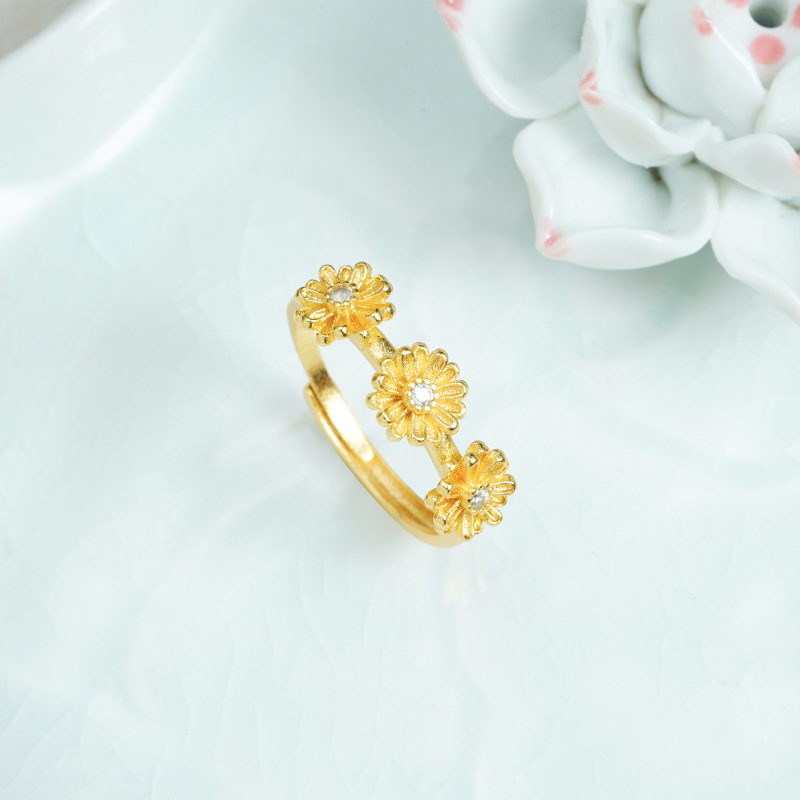 Anillo de oro de arena vietnamita ligero lujoso viento pequeña margarita corolla de diamantes anillo de boca viva para mujeres de alta calidad joyas no se desvanecen
