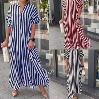 新款欧美跨境女装亚马逊独立站时尚侧开叉条纹宽松休闲短袖连衣裙