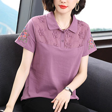 中老年妈妈纯棉有领短袖t恤女洋气绣花上衣服夏装半袖翻领POLO衫