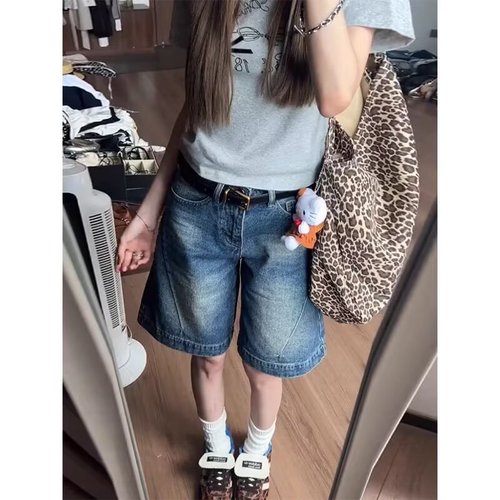 Vintage-inspired American-style Patchwork Wide-Leg Denim Shorts for Women | Summer Loose-Fit, Slimming, Straight-Leg Cropped Mid-Length Pants