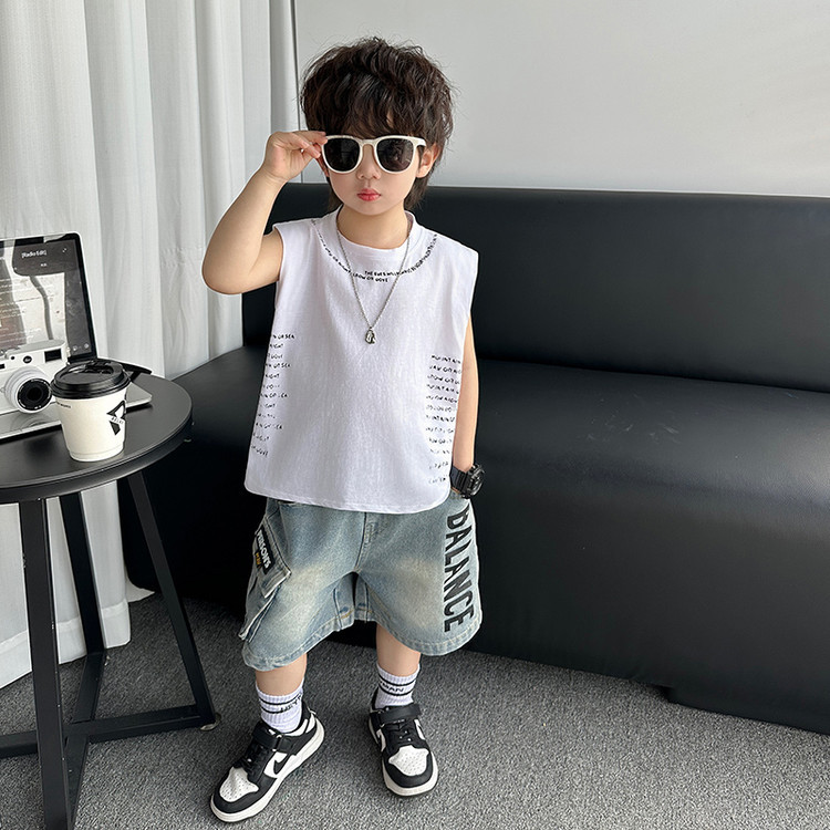 7267 Traje de verano para niños Estilo occidental Chaleco rosa sin mangas de verano para niños Pantalones cortos de mezclilla 2025 Nueva marca de moda