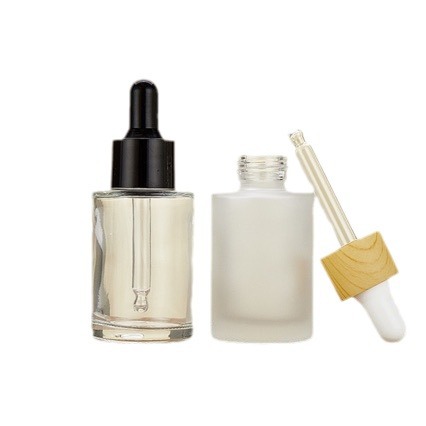 30ML en stock botella de vidrio de hombro plano transparente botella de aceite esencial marrón botella de líquido de esencia esmerilada base líquida sub-botella