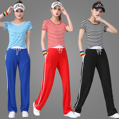 Square dance set striped short-sleeve sports high-elastic dance pants team cheerleading fitness routine performance outfit