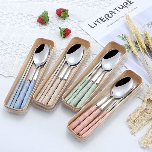 Portable tableware set made of wheat straw stainless steel Korean-style fork, spoon, and chopsticks three-piece set student tableware gift