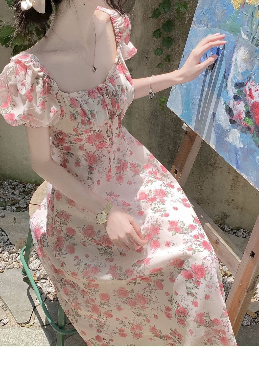 Đầm maxi nữ thắt eo họa tiết hoa hồng phong cách Pháp — Hoa hồng (chất lượng cao), Hoa hồng (bình thường) chi tiết 8