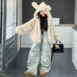 女童冬装加厚外套2025新款韩版洋气时髦上衣儿童装秋冬连帽毛毛衣