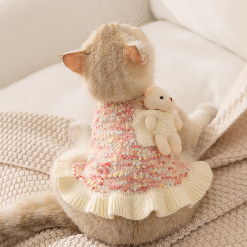 25年新款秋冬季猫咪衣服公主风立体小熊仿貂绒保暖针织衫宠物毛衣|undefined