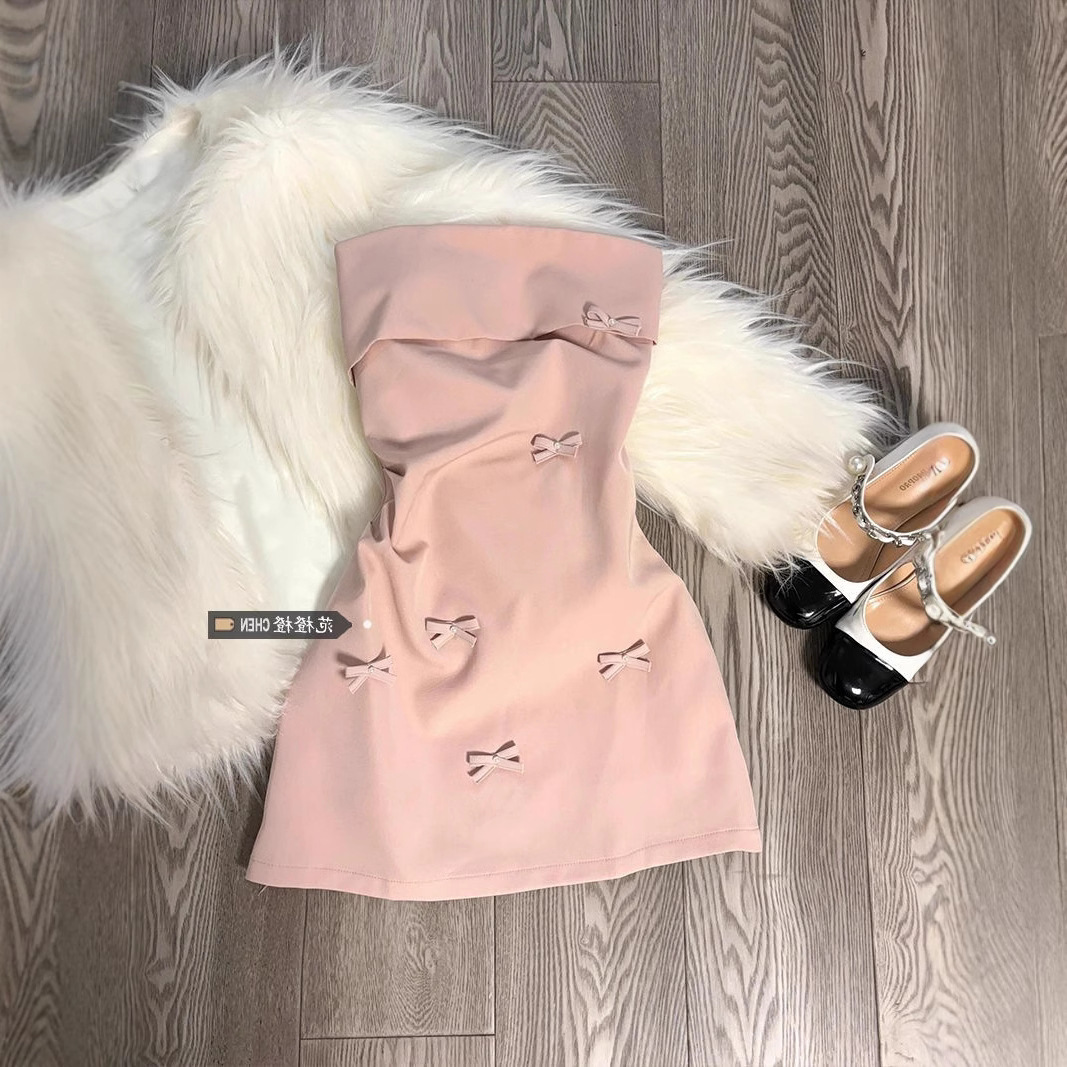 Korean Style Pink Three-Dimensional Bow Tube Top Dress for Women Spring and Summer Pure Lust Hot Girl Waist Short Skirt for Women
