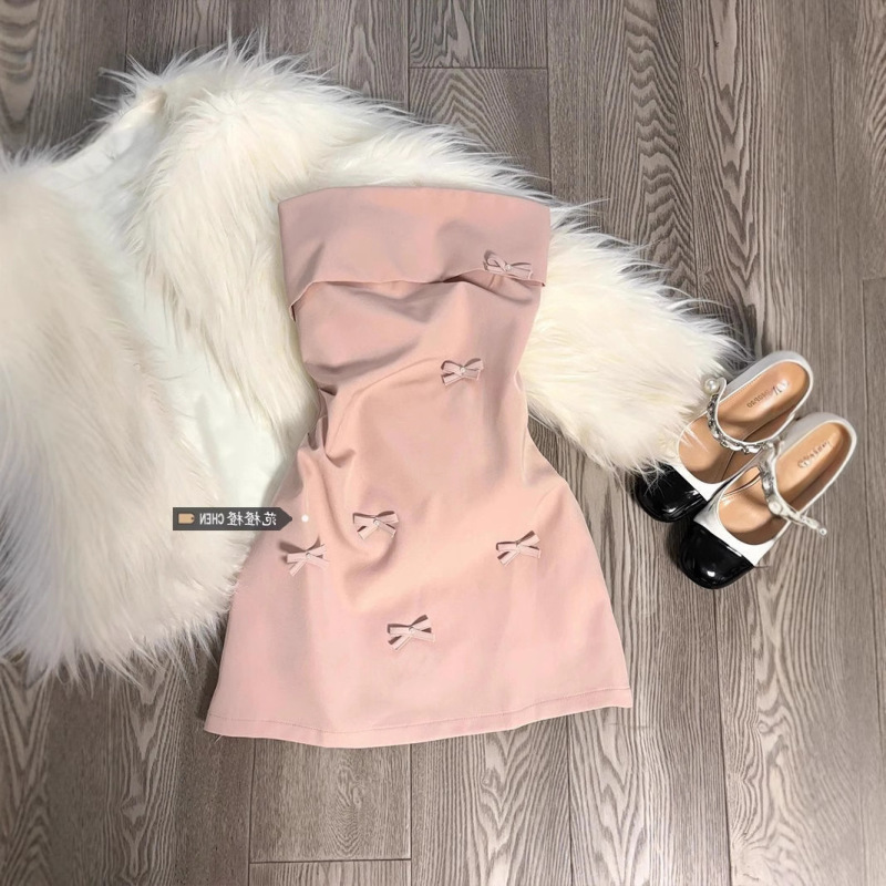 Korean Style Pink Three-Dimensional Bow Tube Top Dress for Women Spring and Summer Pure Lust Hot Girl Waist Short Skirt for Women