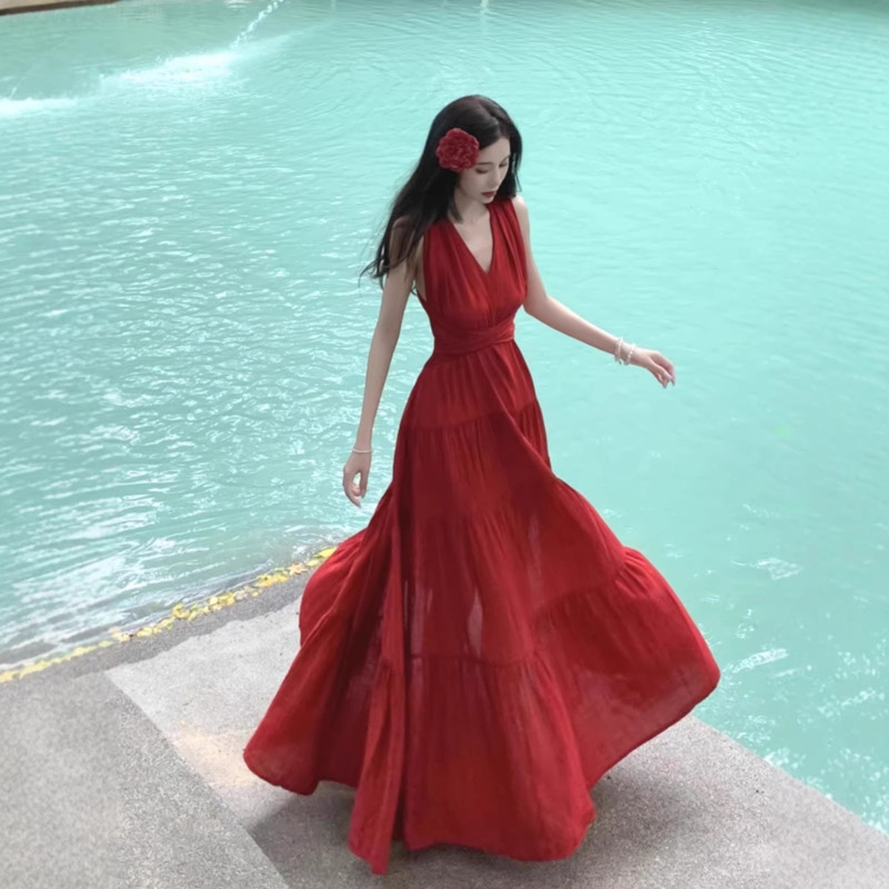 French-Style Red V-Neck Tie Halter Dress for Women, Perfect for Seaside Vacations, Stunning Backless Design, Sexy Slit, Slimming Long Dress