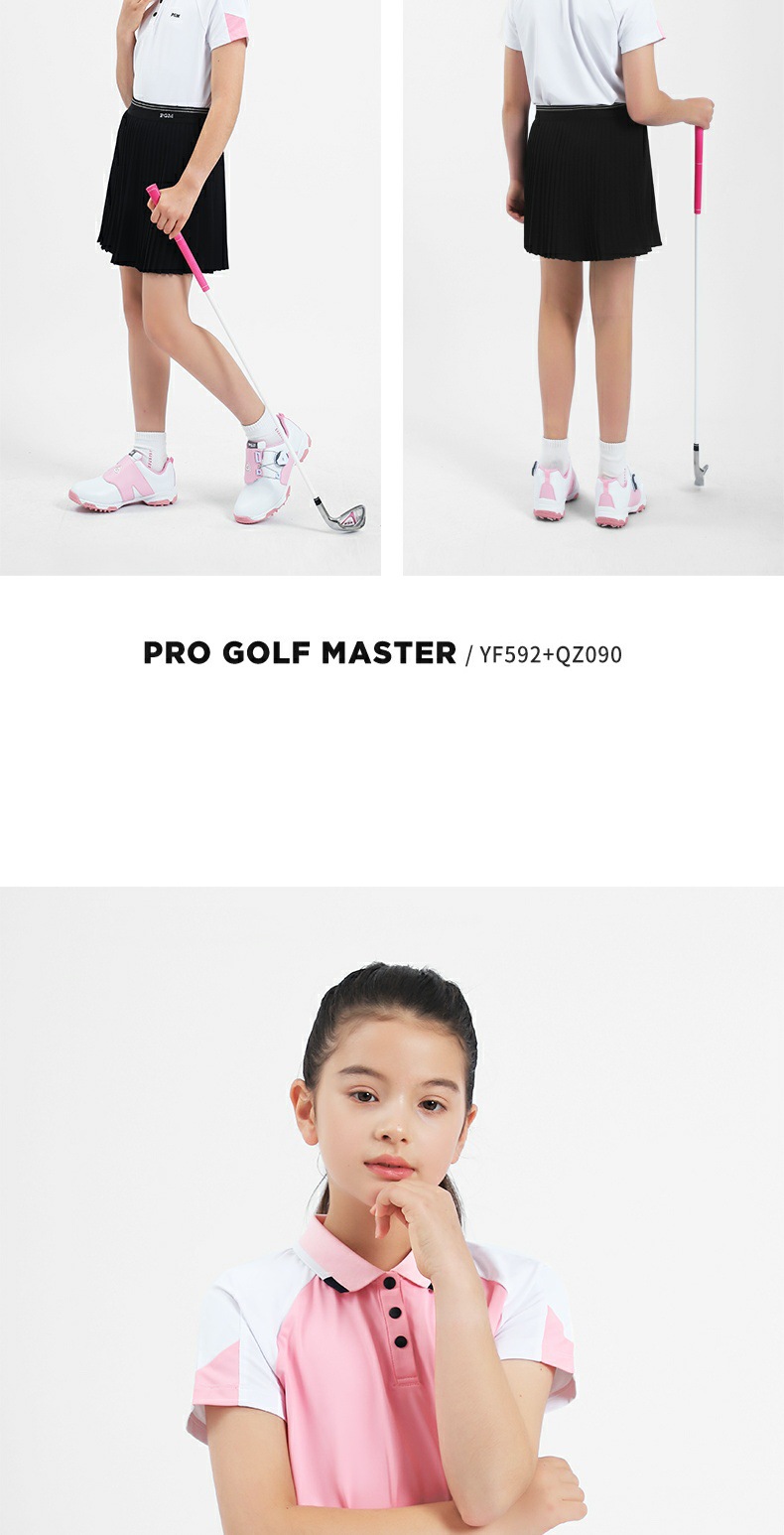 Áo thun golf ngắn tay bé gái PGM phối sọc thể thao mùa hè — YF592-màu hồng, YF592-màu trắng, YF592-màu xanh nước biển chi tiết 4