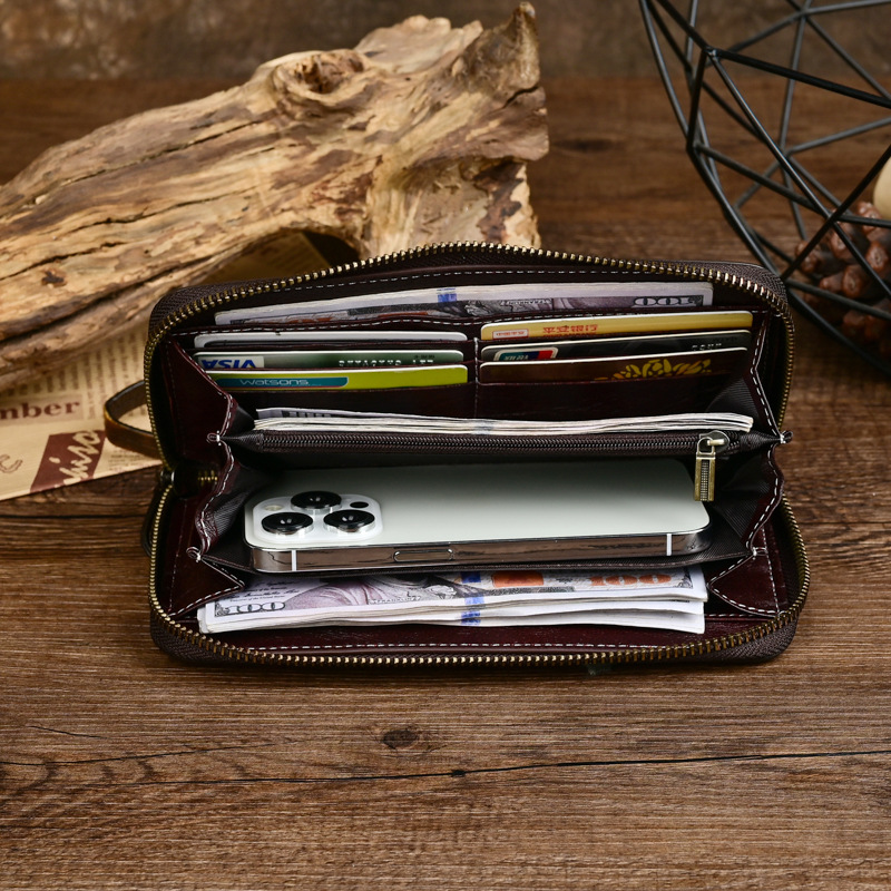 New Men's Genuine Leather Headlayer Cowhide Worn Handheld Zipper Bag Leisure Card Zero Wallet_voghion.com