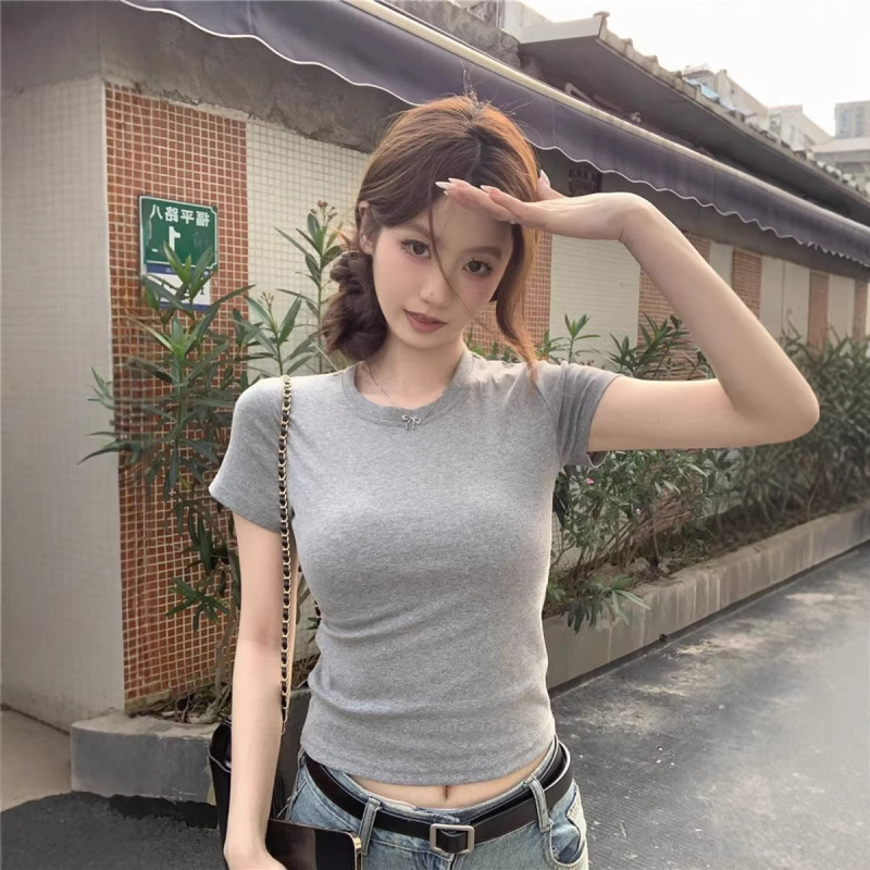 Summer Black Slim-Fit Waist-Accentuating Straight-Shoulder T-Shirt for Women, High Elasticity, Slimming Short-Sleeve Women's Top, Export