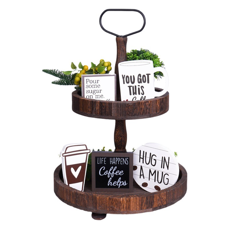 Festival de café transfronterizo viento rural café bloque de madera decoración de mesa artesanía de madera decoración de bandeja en capas