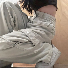 梨の形の大きいサイズのアメリカの工装のズボンの女性のまっすぐな筒の設計の多いポケットのゆったりしている杏色の高い腰の広い足のデニムの長いズボン