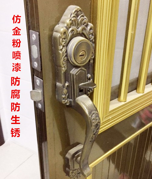 批发金门锁防盗门锁老式铝合金双开门锁俩舌锁古铜拉手按压配件