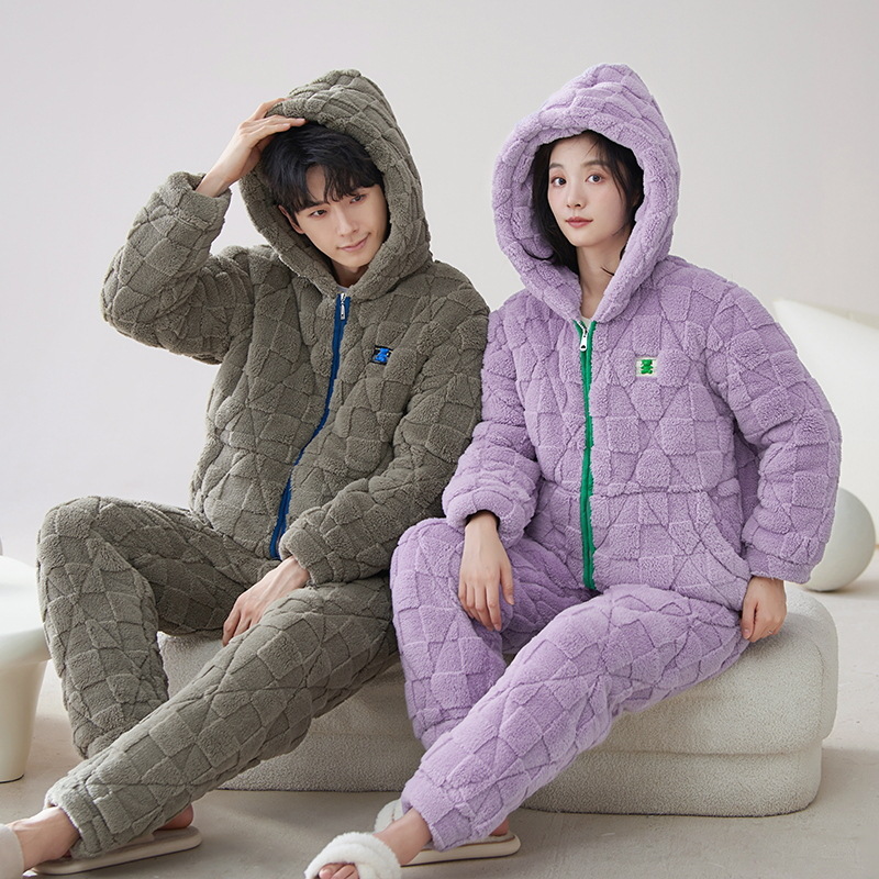 Nueva pareja de algodón acolchado pijamas hombres y mujeres de tres capas engrosadas de algodón acolchado cremallera collar soporte cremallera cálido hogar desgaste